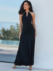 Sosandar Vestido Halter longo de jersey com decote franzido frontal - Imagem 8 de 9