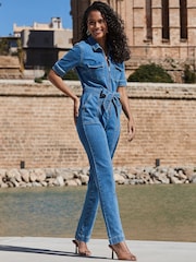 Sosandar Blue Tie Waist Utility Denim Jumpsuit - Image 2 of 5