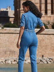 Sosandar Blue Tie Waist Utility Denim Jumpsuit - Image 4 of 5