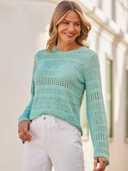 Sosandar Blue Pointelle Crochet Fine Knit Jumper - Image 1 of 5