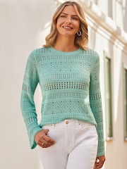 Sosandar Blue Pointelle Crochet Fine Knit Jumper - Image 2 of 5