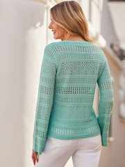 Sosandar Blue Pointelle Crochet Fine Knit Jumper - Image 3 of 5