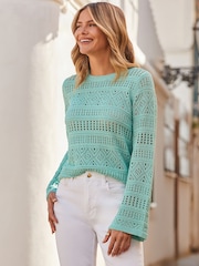 Sosandar Blue Pointelle Crochet Fine Knit Jumper - Image 4 of 5