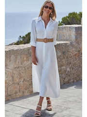 Sosandar White Linen Midi Shirt Dress - Image 1 of 5