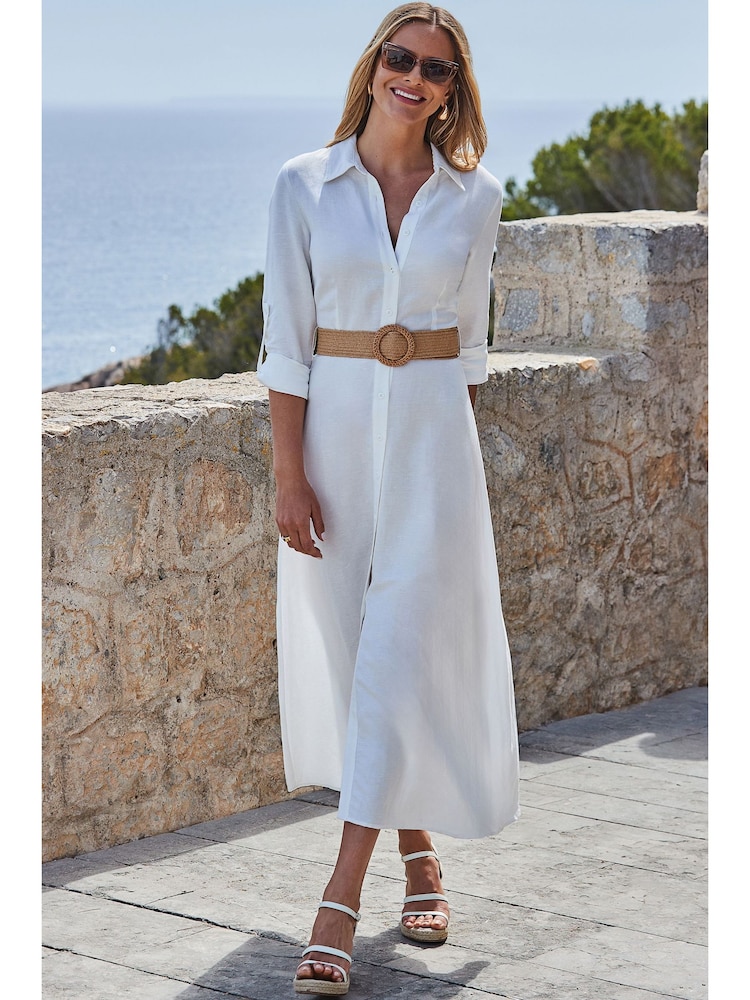 Sosandar White Linen Midi Shirt Dress - Image 1 of 5