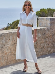 Sosandar White Linen Midi Shirt Dress - Image 8 of 10