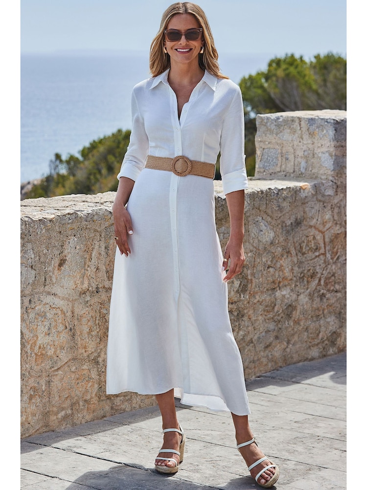 Sosandar White Linen Midi Shirt Dress - Image 2 of 5
