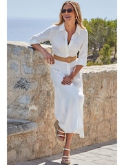 Sosandar White Linen Midi Shirt Dress - Image 4 of 5