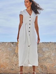 Sosandar White Pinstripe Belted Maxi Dress - Image 5 of 5