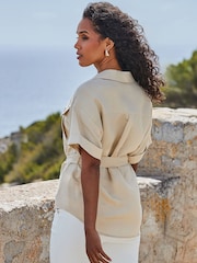 Sosandar Brown Linen Blend Belted Utility Shirt - Image 4 of 5