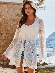 Sosandar White Lace Detail Tie Waist Kaftan - Image 1 of 4
