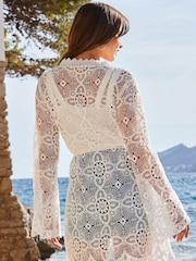 Sosandar White Lace Detail Tie Waist Kaftan - Image 2 of 4
