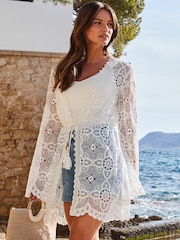 Sosandar White Lace Detail Tie Waist Kaftan - Image 3 of 4