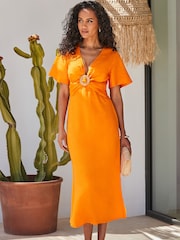 Sosandar Orange Linen Blend Angel Sleeve Midi Dress - Image 1 of 5