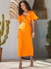 Sosandar Orange Linen Blend Angel Sleeve Midi Dress - Image 3 of 5