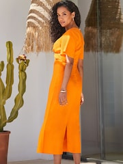 Sosandar Orange Linen Blend Angel Sleeve Midi Dress - Image 4 of 5