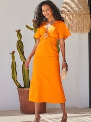 Sosandar Orange Linen Blend Angel Sleeve Midi Dress - Image 5 of 5