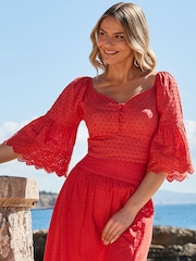 Sosandar Red 100% Cotton Petite Embroidered Top With Broderie Trim - Image 1 of 5