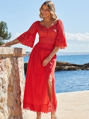Sosandar Red 100% Cotton Shirred Detail Top With Broderie Trim - Image 3 of 5