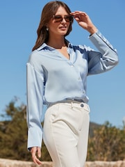 Sosandar Blue Relaxed Fit Satin Longline Shirt - Image 4 of 5