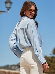 Sosandar Blue Relaxed Fit Satin Longline Shirt - Image 5 of 5