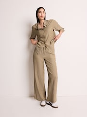Khaki Green Textured Stripe Wide Leg Trousers - Image 1 of 5