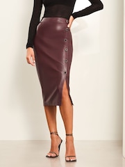 Lipsy Red Faux Leather Button Midi Pencil Skirt - Image 1 of 4