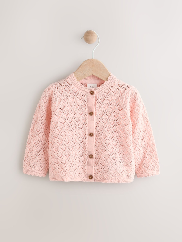 Pink Pointelle Baby Knitted 100% Cotton Cardigan (0mths-2yrs) - Image 1 of 6