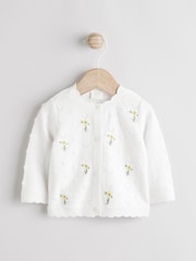 White 100% Cotton Pointelle Knitted Floral Flower Baby Cardigan (0mths-3yrs) - Image 1 of 5