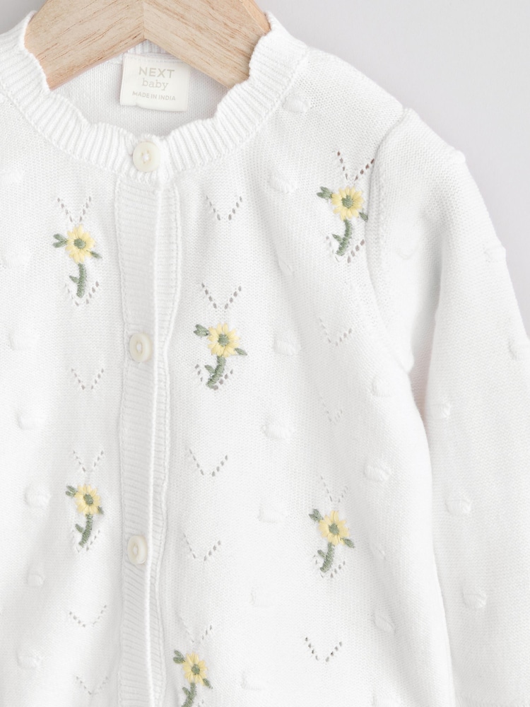 White 100% Cotton Pointelle Knitted Floral Flower Baby Cardigan (0mths-3yrs) - Image 3 of 5