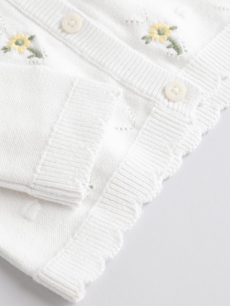 White 100% Cotton Pointelle Knitted Floral Flower Baby Cardigan (0mths-3yrs) - Image 5 of 5