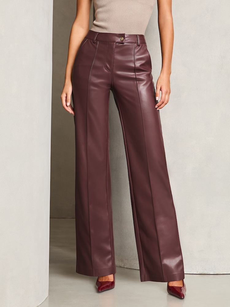 Lipsy Dark Red Faux Leather Tailored Wide Trousers - Image 1 of 4