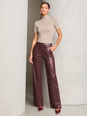 Lipsy Dark Red Faux Leather Tailored Wide Trousers - Image 3 of 4
