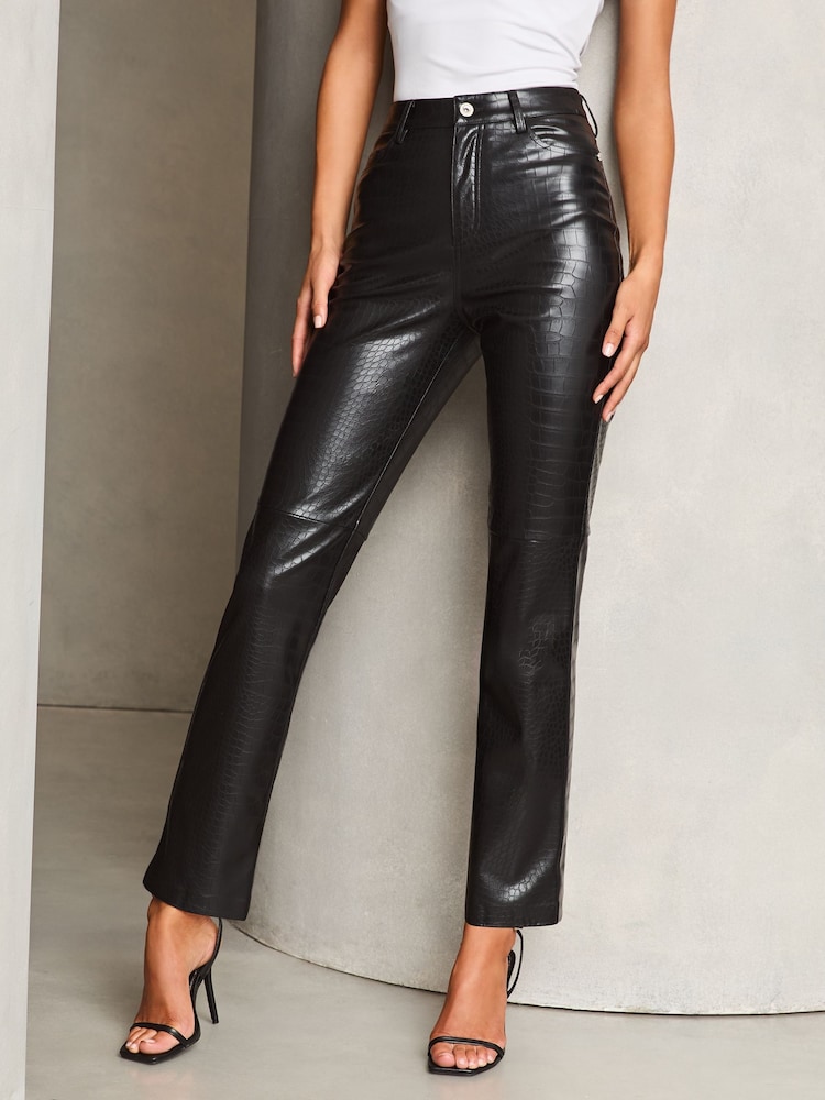 Lipsy Black Croc Faux Leather Straight Trousers - Image 1 of 4