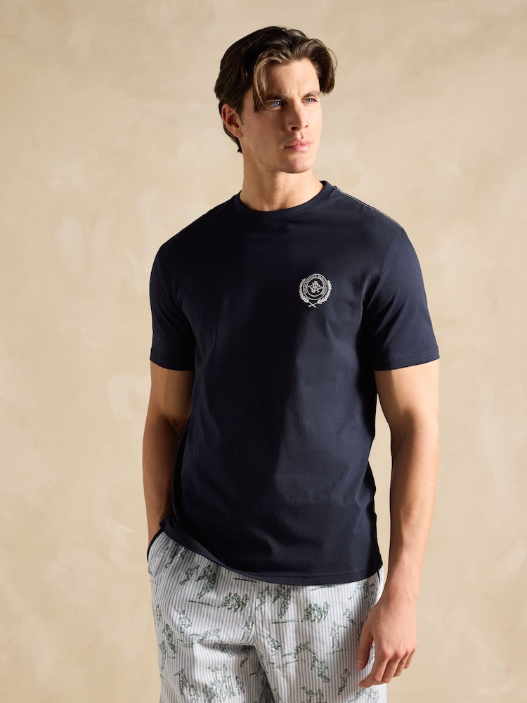 Joules Harford Cream & Navy Short Sleeve Top & Pyjama Set With Packable Travel Bag - Image 5 of 7