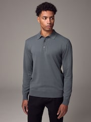 Slate Blue Slim Fit Knitted Long Sleeve Polo Shirt - Image 1 of 9