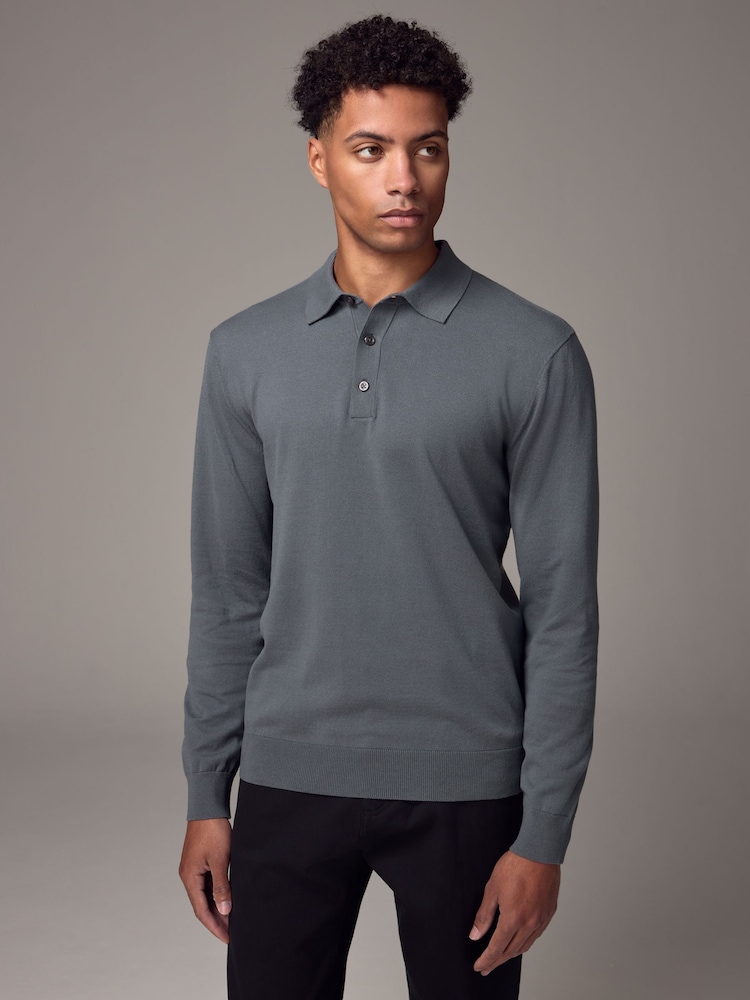 Slate Blue Slim Fit Knitted Long Sleeve Polo Shirt - Image 1 of 9