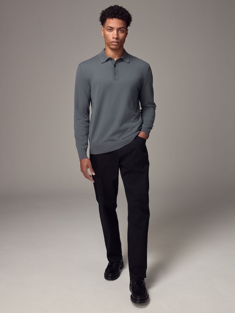 Slate Blue Slim Fit Knitted Long Sleeve Polo Shirt - Image 2 of 9