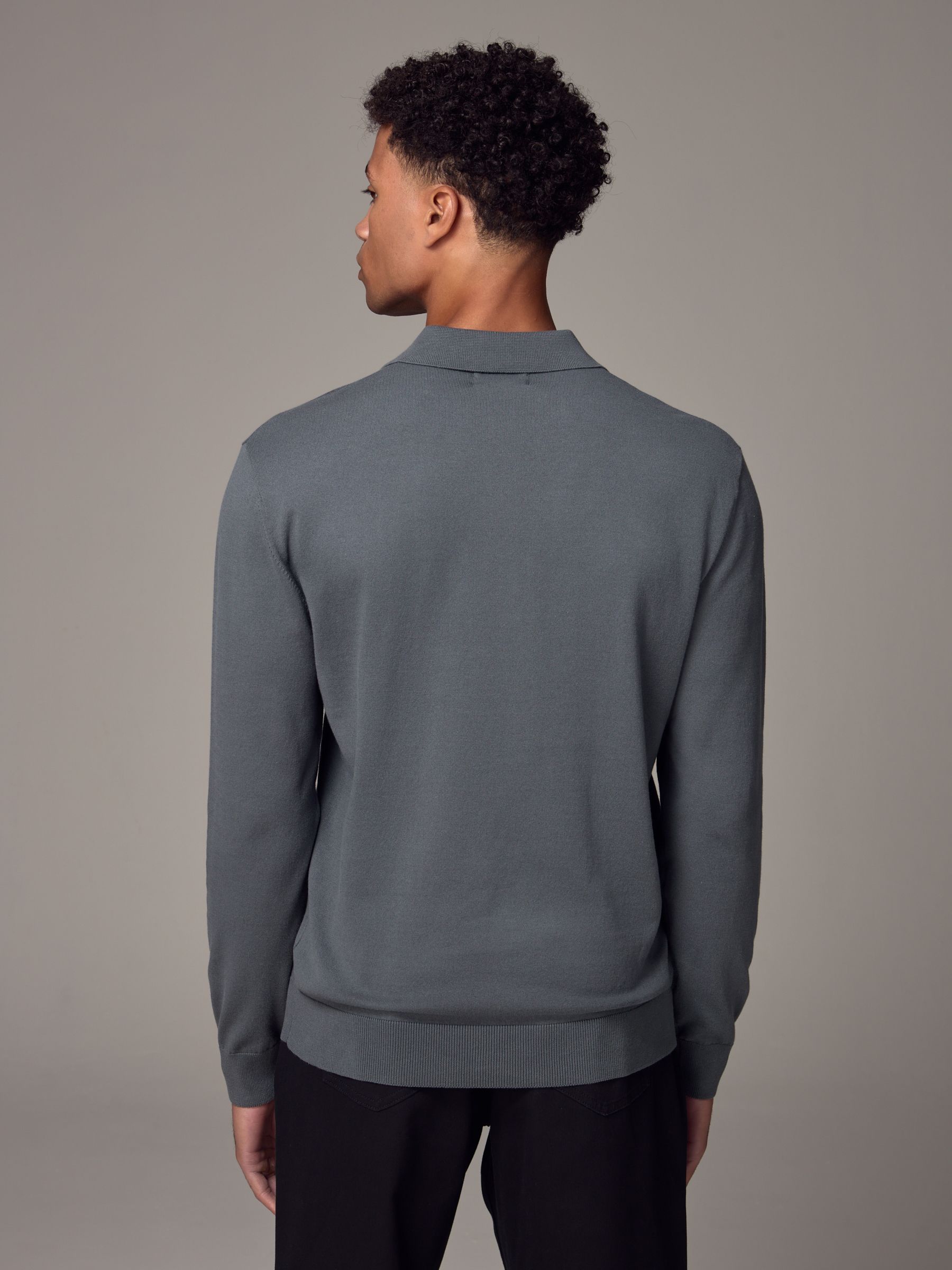 Buy Slate Blue Slim Fit Knitted Long Sleeve Polo Shirt from
