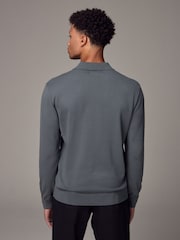 Slate Blue Slim Fit Knitted Long Sleeve Polo Shirt - Image 3 of 9