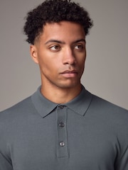 Slate Blue Slim Fit Knitted Long Sleeve Polo Shirt - Image 4 of 9