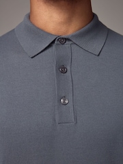 Slate Blue Slim Fit Knitted Long Sleeve Polo Shirt - Image 5 of 9