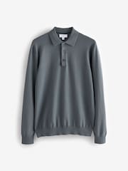 Slate Blue Slim Fit Knitted Long Sleeve Polo Shirt - Image 7 of 9