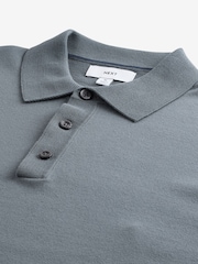 Slate Blue Slim Fit Knitted Long Sleeve Polo Shirt - Image 9 of 9