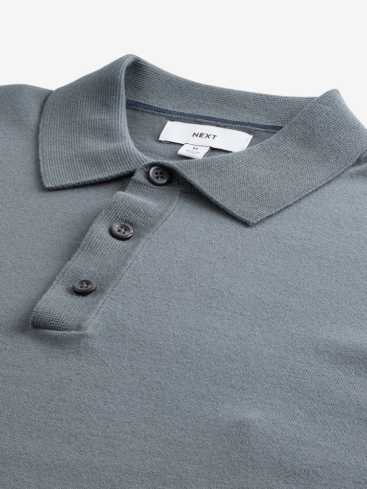 Slate Blue Slim Fit Knitted Long Sleeve Polo Shirt - Image 9 of 9