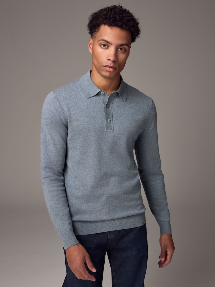 Light Blue Marl Slim Fit Knitted Long Sleeve Polo Shirt - Image 1 of 7