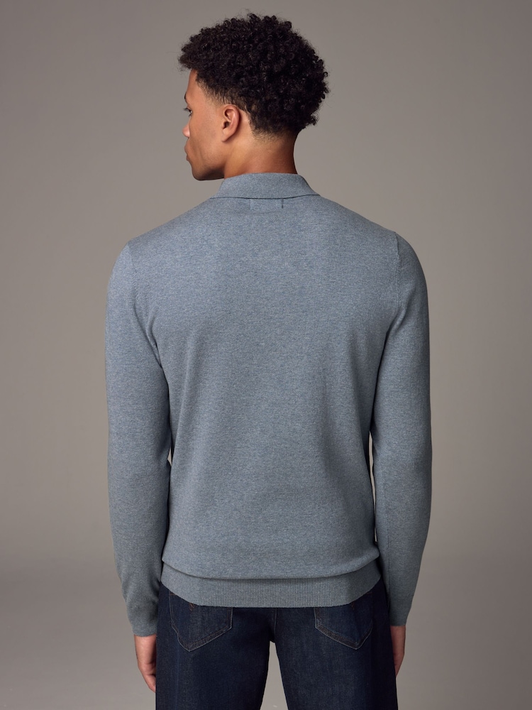 Light Blue Marl Slim Fit Knitted Long Sleeve Polo Shirt - Image 2 of 7