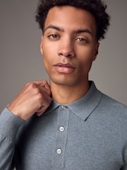 Light Blue Marl Slim Fit Knitted Long Sleeve Polo Shirt - Image 4 of 7