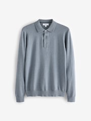 Light Blue Marl Slim Fit Knitted Long Sleeve Polo Shirt - Image 5 of 7