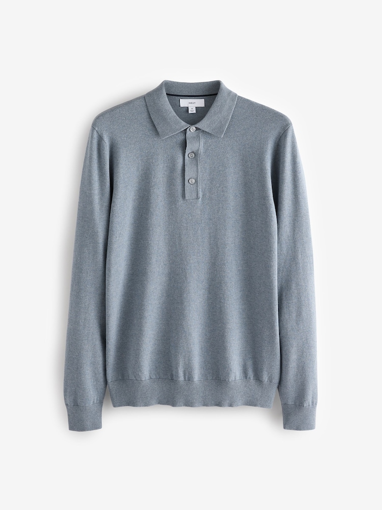 Light Blue Marl Slim Fit Knitted Long Sleeve Polo Shirt - Image 5 of 7